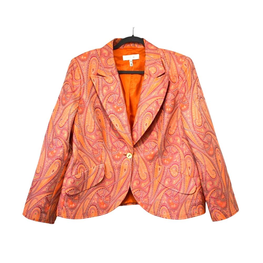 Escada Blazer Women’s 46 Large Orange Pink Vibrant Paisley Print Suit Jacket Fit